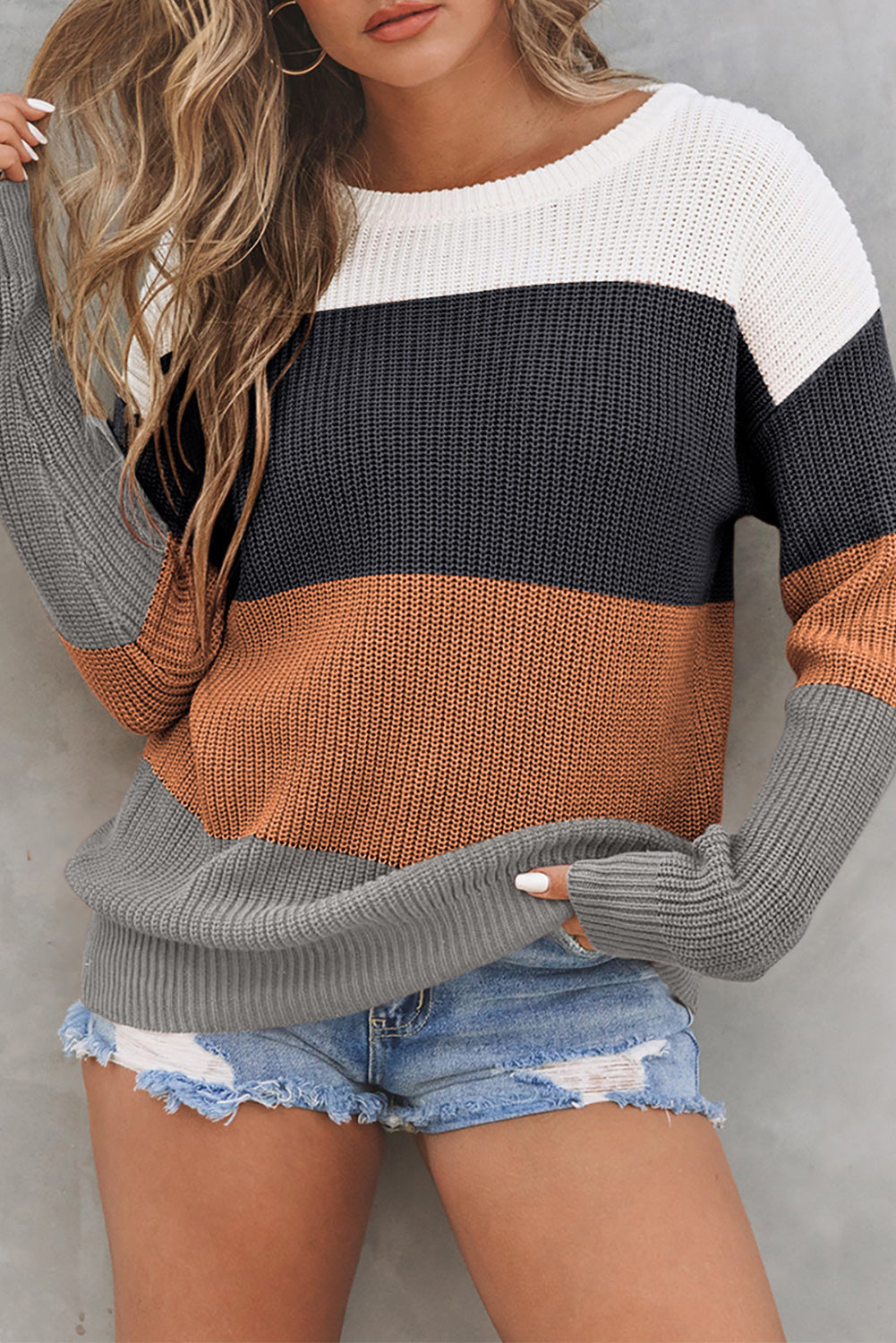 Chestnut Color Block Knitted O-neck Pullover Sweater