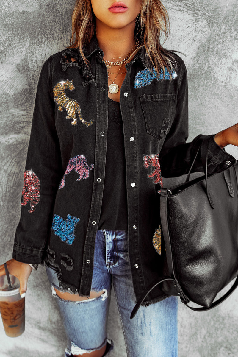 Black Glitter Tigers Graphic Raw Hem Frayed Denim Jacket