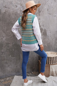 Sky Blue Tribal Print V Neck Knitted Sweater Vest