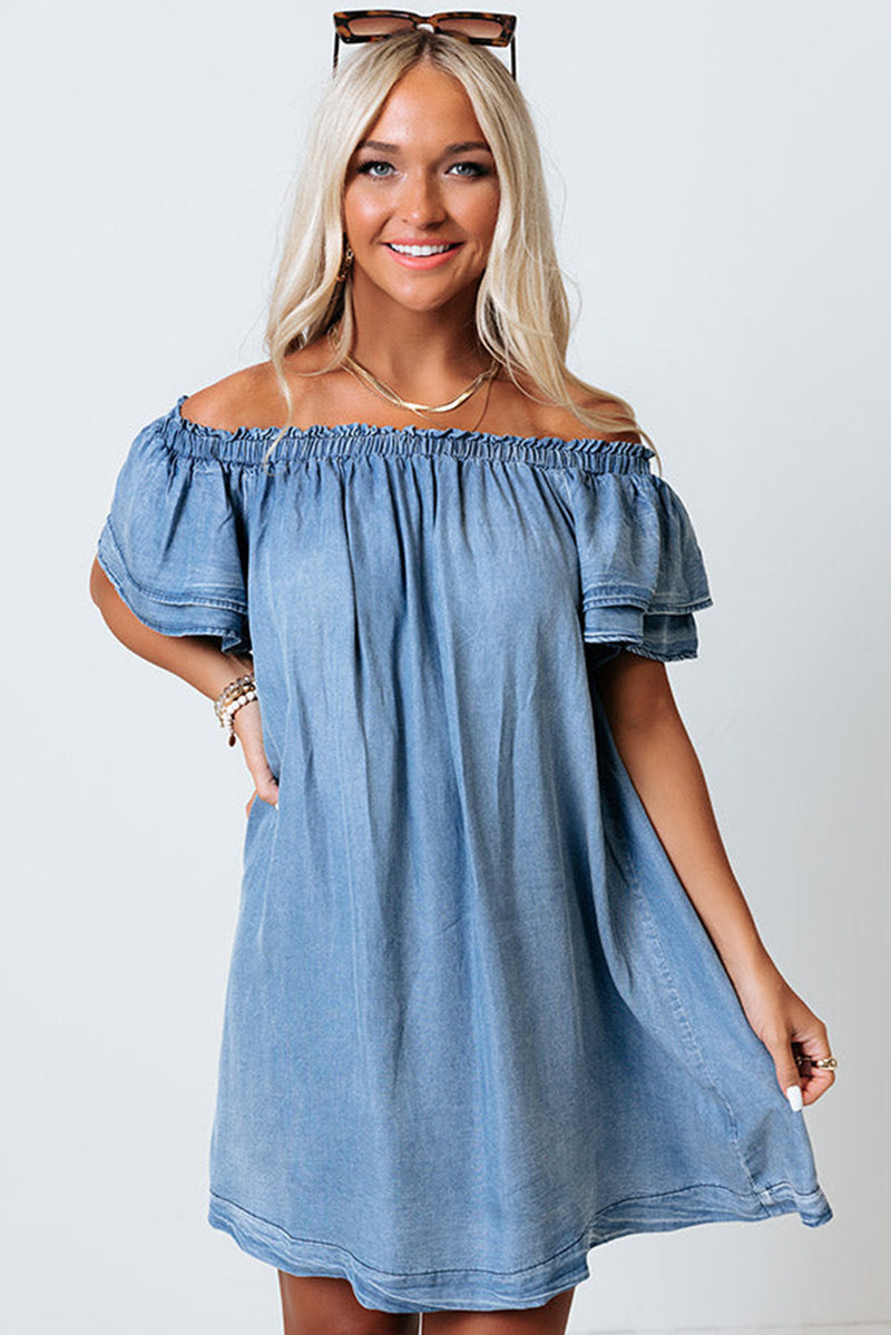 Women's Off-shoulder Ruffle Sleeves Chambray Dress