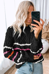 Black Striped Color Block Textured Knit Pullover Sweater