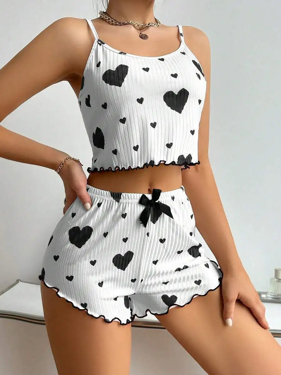 Women's Pajamas Set Sleepwear 2 PCS Short Tank Tops And Shorts S M L White Ventilate Soft Casual Love Printing