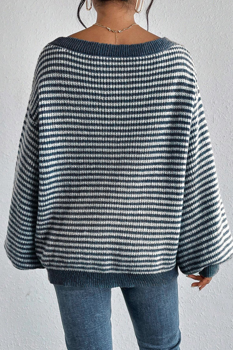 Sail Blue Striped Lantern Sleeve Drop Shoulder Cozy Sweater