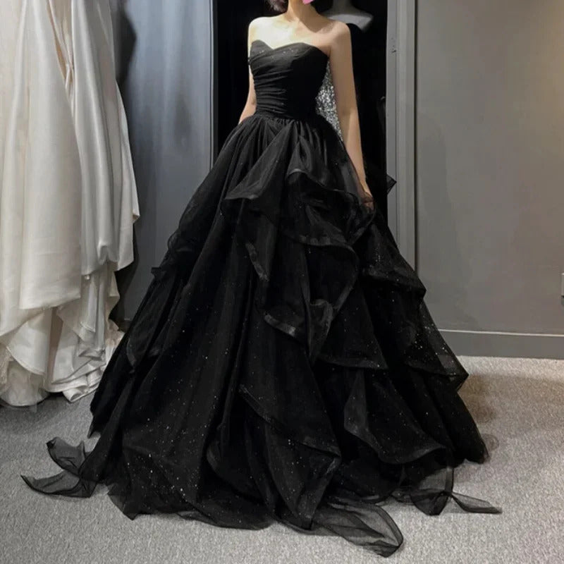 Customized Temperament Black Elegant Wedding Party Dresses Strapless Tiered Draped Prom Robe 2024 New Ball Gown Formal Dress Wom