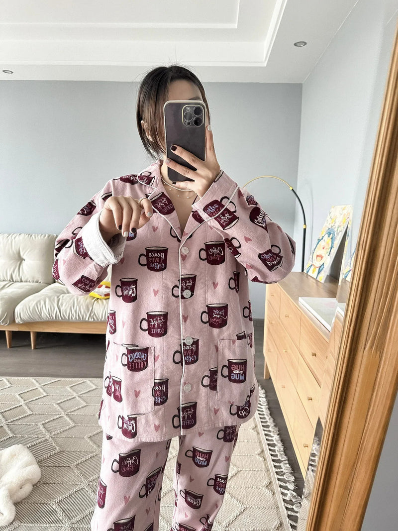 100% Cotton Pajamas for Women Loose Cartoon Long Sleeve Pants Loungewear Women 2 Piece Set Pj Women Outfit Sleepwear Set Pijamas