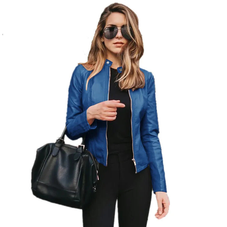 2024 European And American Autumn And Winter Women's Solid Color Simulated Leather Jacket PU Fashion Leather Jacket For Women