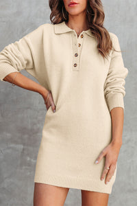 Apricot Polo Collar Knitted Mini Sweater Shift Dress