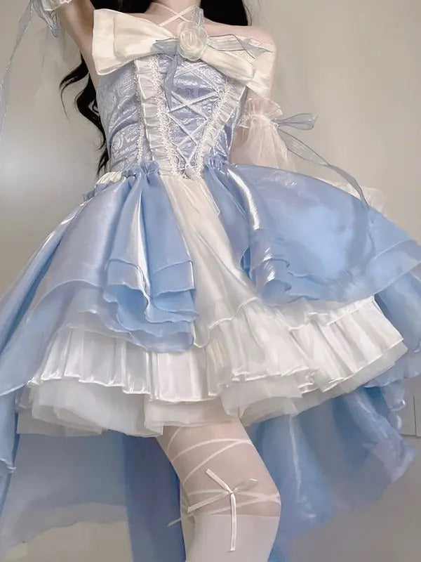 French Romantic Style Lolita Op Elegant Girl Cosplay Princess Puff Sleeve Ribbon Bowknot Flower Tunic Mesh Fantastic Fairy Dress