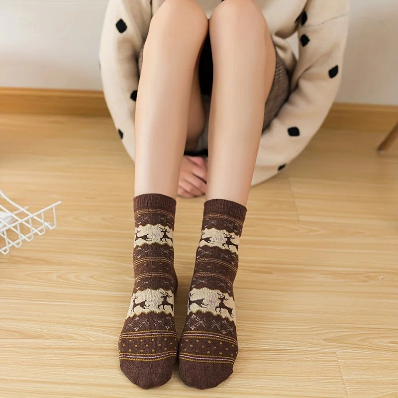 5 Pairs Elk Print Thickened Socks, Comfy & Warm Christmas Mid Tube Socks, Women's Stockings & Hosiery