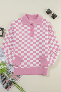 Pink Checkered Buttons Collar V Neck Drop Shoulder Sweater