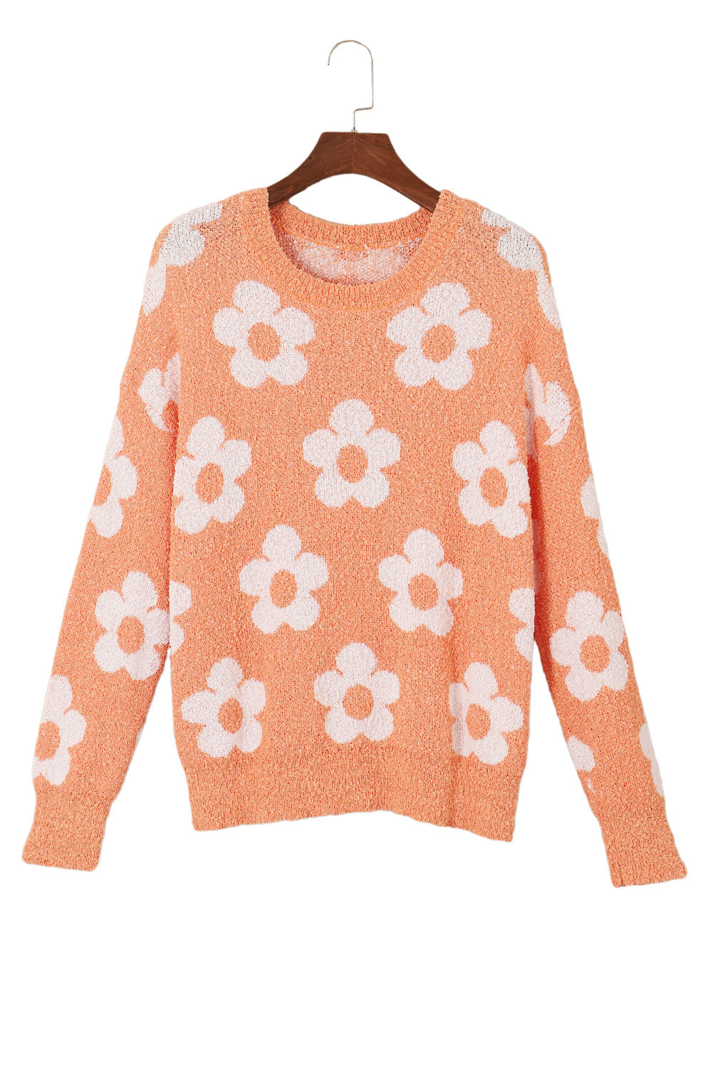 Grapefruit Orange Fuzzy Floral Knitted Drop Shoulder Sweater