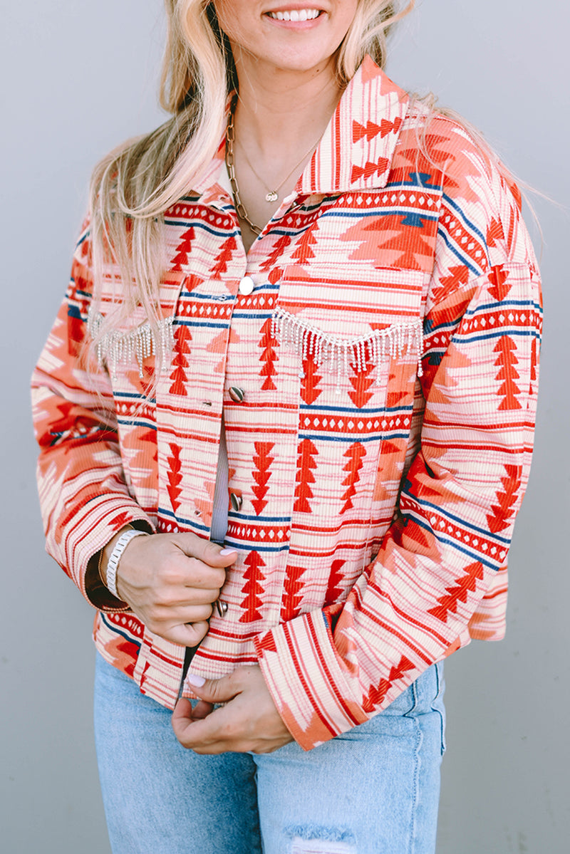 Fiery Red Western Aztec Print Corduroy Jacket