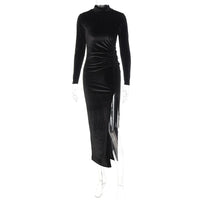 Autumn Winter Women Solid Velvet Long Sleeve Ruched Midi Dress Side Slit Bodycon Sexy Streetwear Party Elegant Club