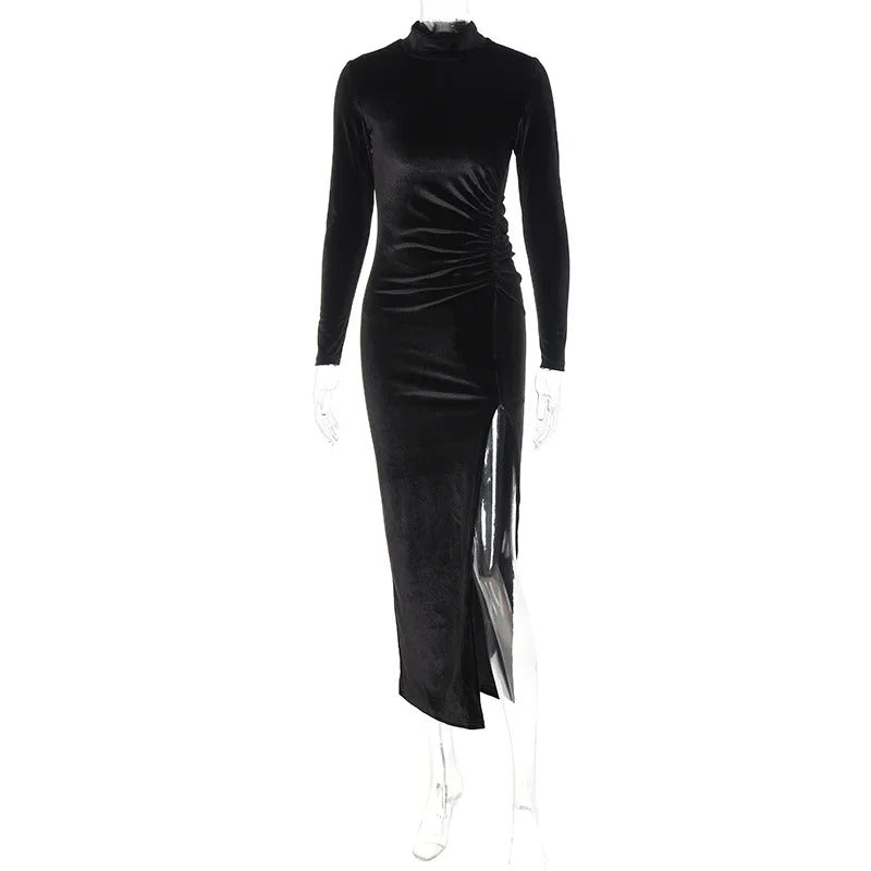 Autumn Winter Women Solid Velvet Long Sleeve Ruched Midi Dress Side Slit Bodycon Sexy Streetwear Party Elegant Club