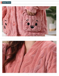 Thickened Warm Coral Velvet Pajamas Women's Autumn and Winter Padded Cartoon Bear Striped Flannel School Pajamas Winter Homewear