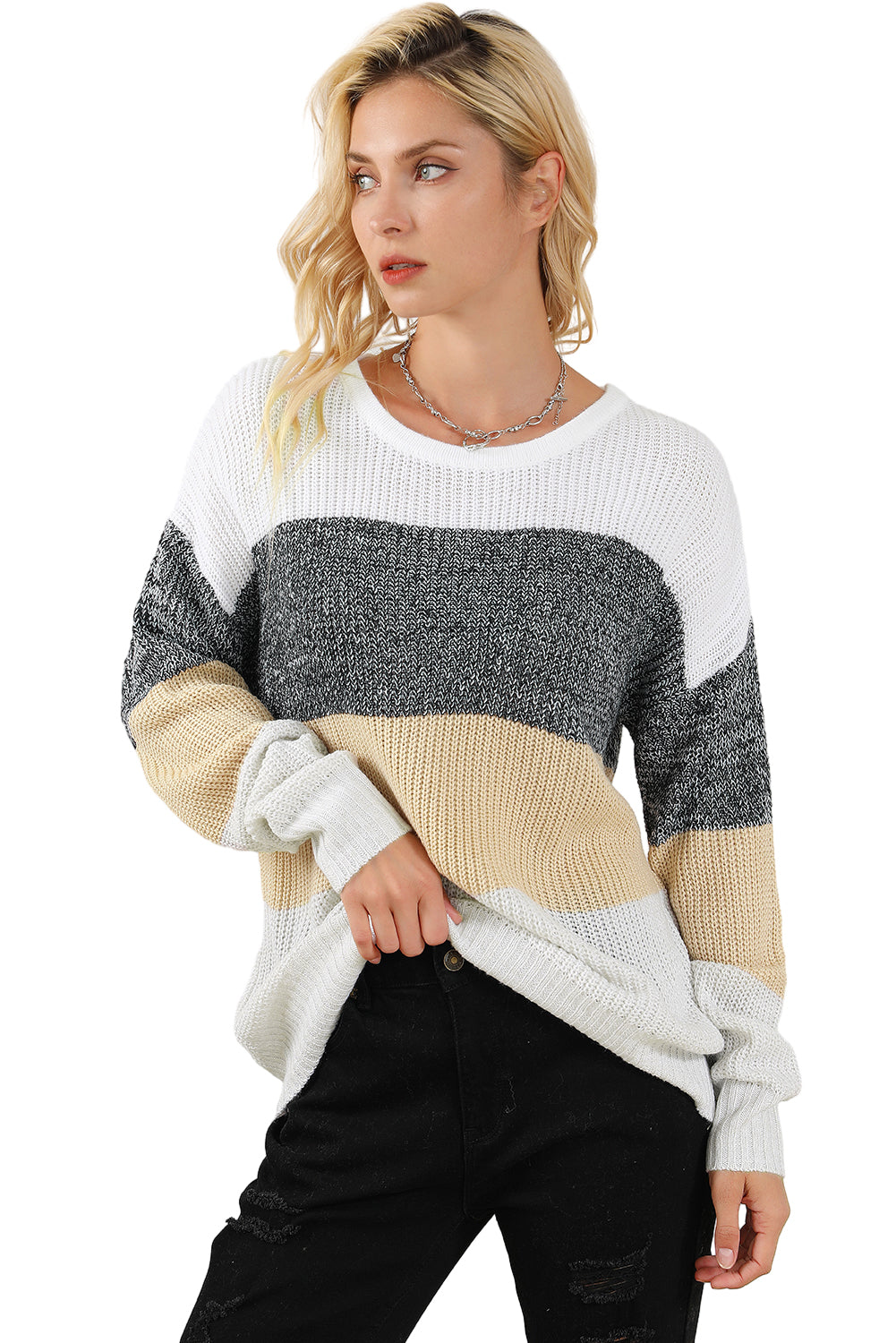 Multicolour Color Block Drop Shoulder Knit Sweater