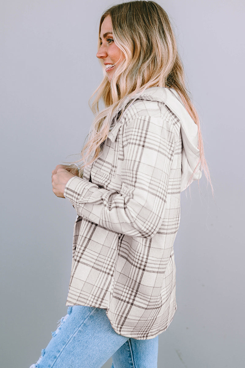 Khaki Plaid Removable Hood Buttoned Shacket