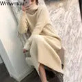 Elegant Strip Knitwear Loose Midi Dresses Half Turtleneck Knitted Dress Casual Sweater Vestidos Korean Women Fall Winter Robe