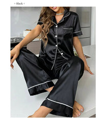 Women's Pajamas Sets Autumn Short Sleeve Buttons Top & Pants Sleepwear 2 Piece Button-Down Pj Set Homewear Satin Loungewear