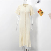 Elegant Knitted Ribbed Long Dress Women Slim Wave O-neck Short Sleeve Hip Package Dresses Female 2024 Summer Lady  Robe