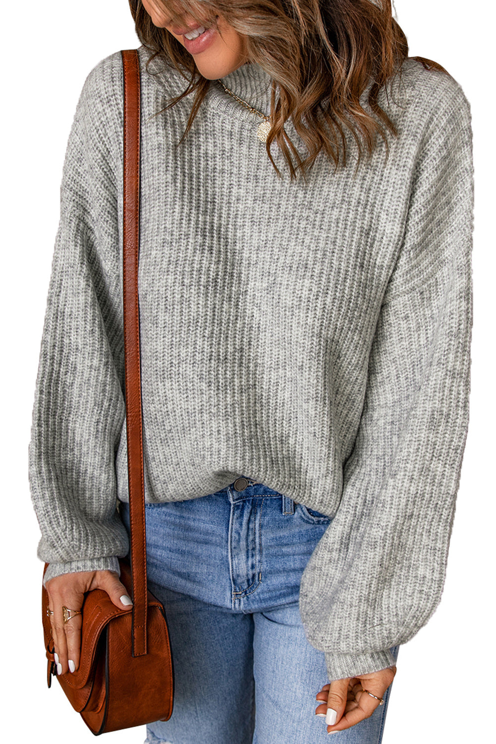 Gray High Neck Drop Shoulder Plain Sweater