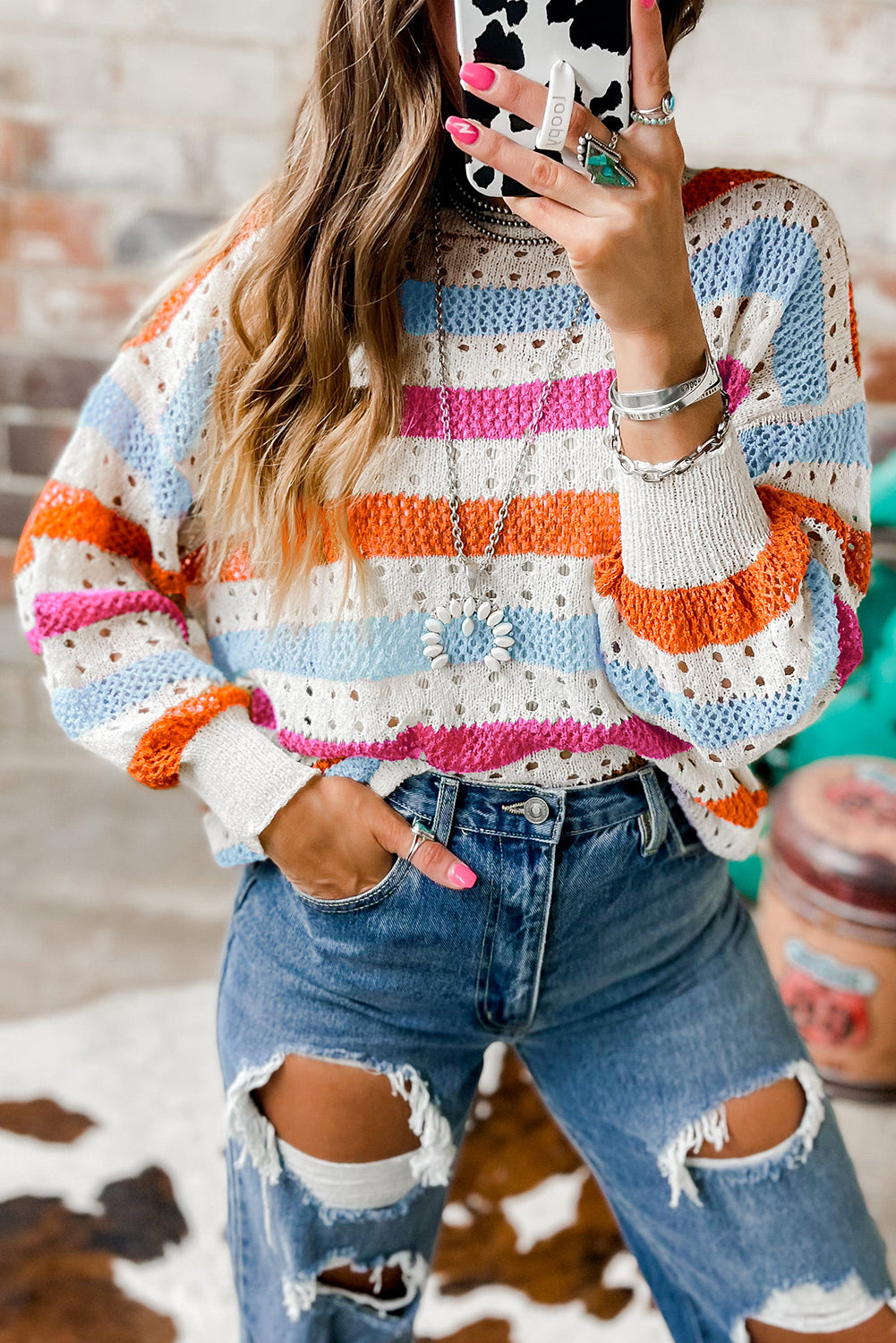 Tan Striped Hollowed Knitted Loose Sweater