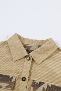 Khaki Aztec Print Patchwork Frayed Edge Corduroy Jacket