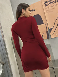 Long Sleeve Slim Bodycon Mini Dress Women Turtleneck Pleated Party Ruched Short Evening Club Outfit