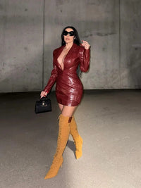 Women Sexy Deep V Red Lattice Leather Mini Dress Fashion Long Sleeve High Waist Fold Slim Dresses Lady New Highstreet Short Robe