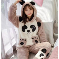 2024 New Coral Fleece Warm Women Pajamas Thickening Hooded Long Sleeve Women 2 Piece Outfit Set Cute Printing Women Home Clothes