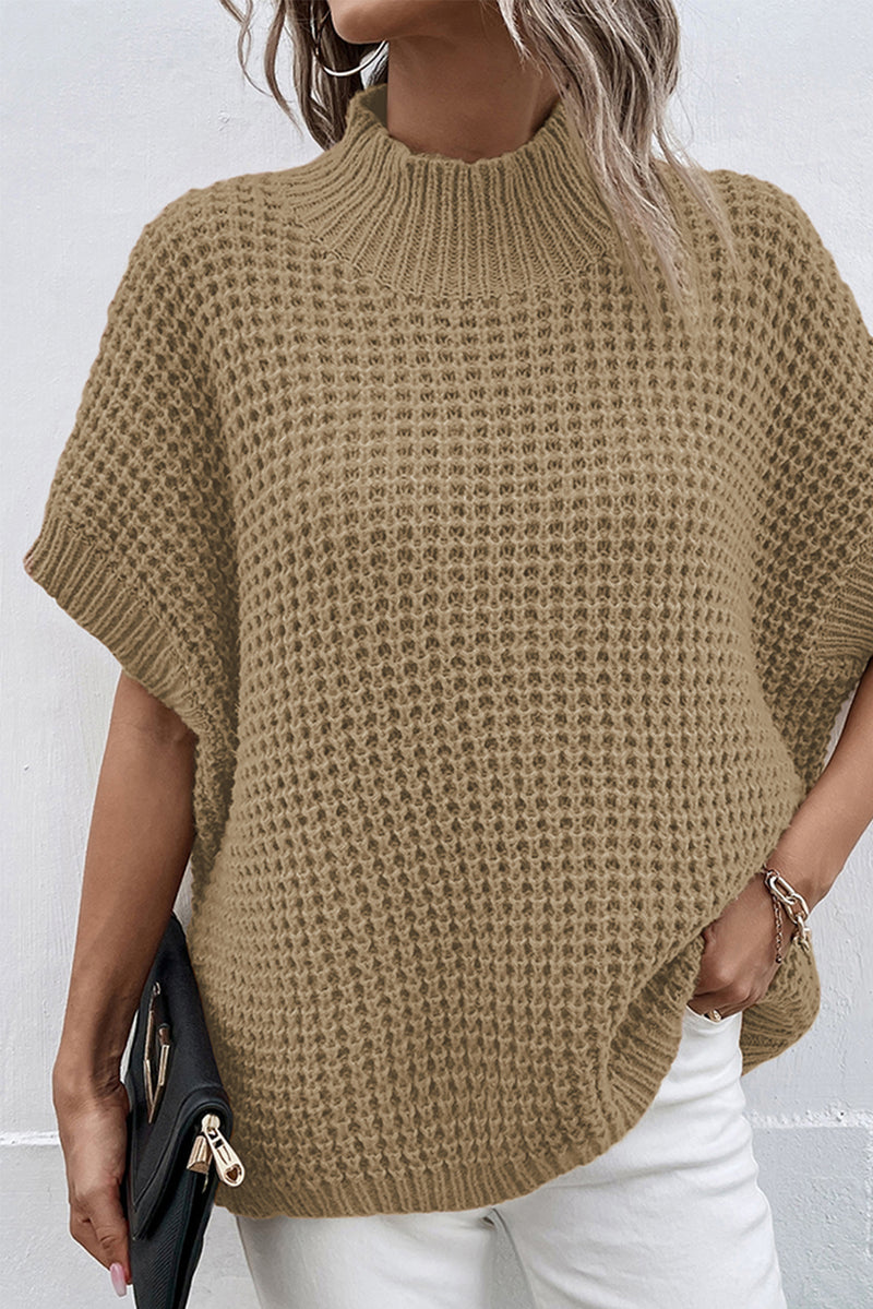 Light French Beige High Neck Short Batwing Sleeve Textured Knit Sweater