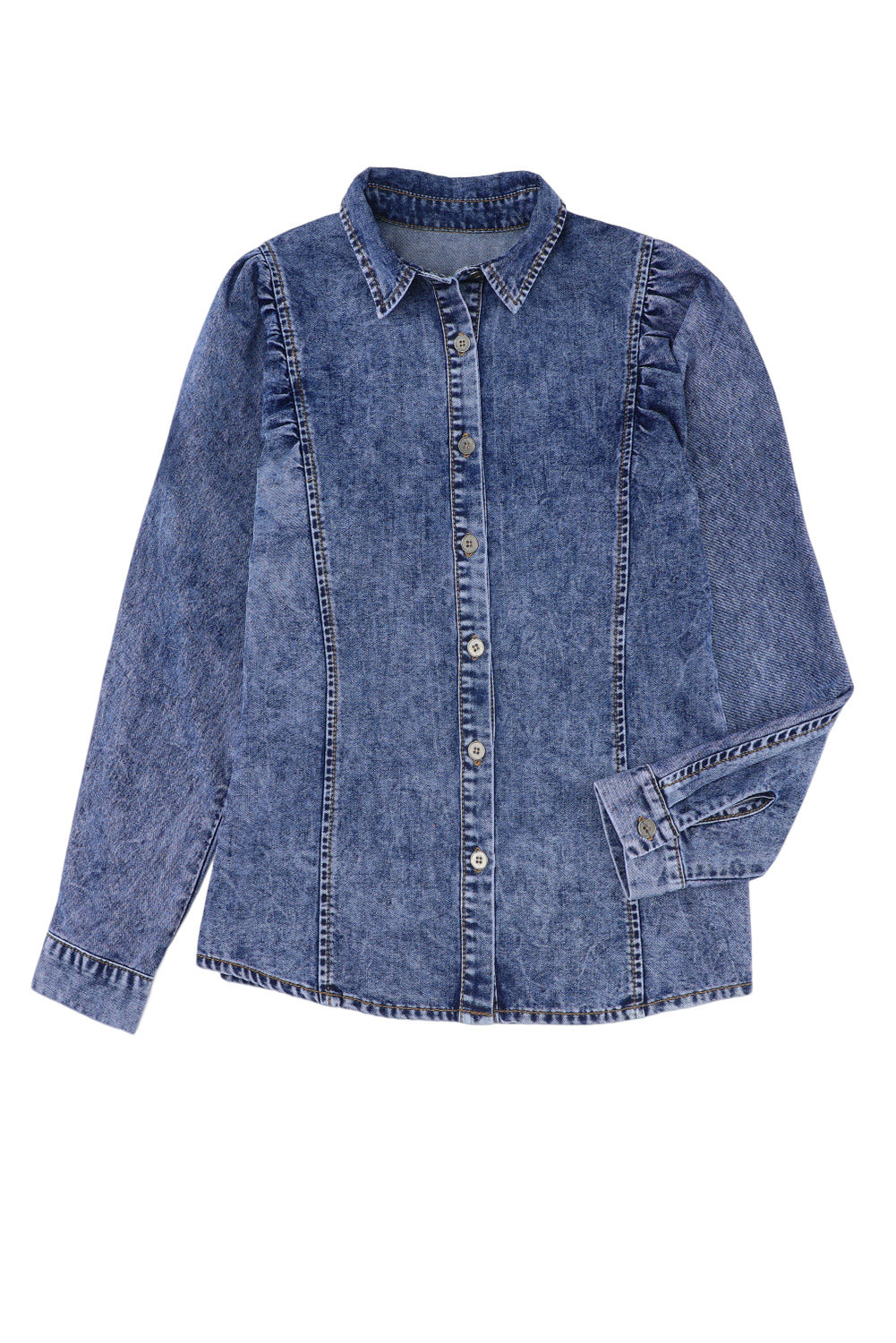 Blue Puff Sleeve Button-Up Denim Jacket