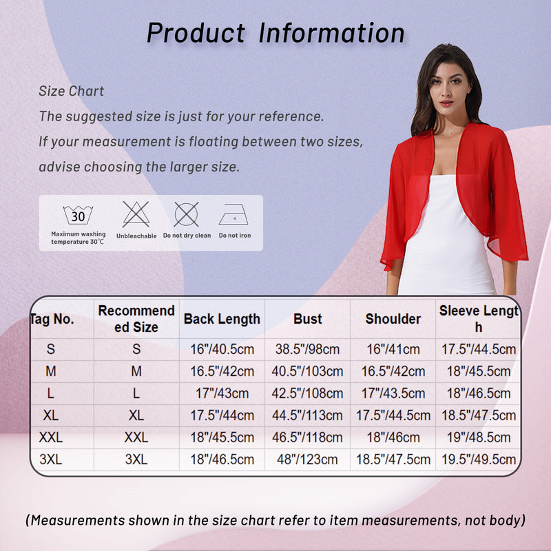 Women Chiffon Cardigan Bolero Shawls 3/4 Sleeve Solid Soft Cape Coat Wedding Bridal Party Dress Wraps Beach Vacation Cover Ups