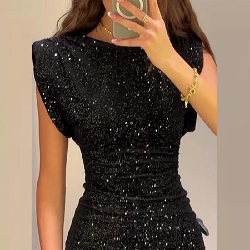 2024 New Ladies Fashion Shiny Sequin Sleeveless Club Dress Black Slim Pleated Short Dress Fall Sexy O Neck High Waist Mini Dress