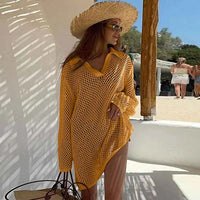 Solid Colour Beach Knit Mini Dress Women's Summer Sexy Hollow Out Long Sleeve Swimsuit Cover Up Boho Holiday Loose Beachwear K17