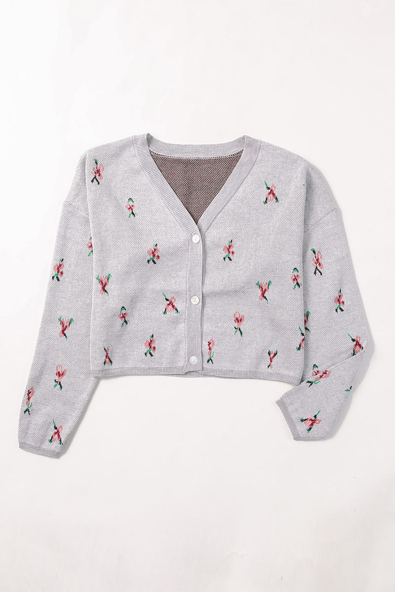 Gray Floral Cropped Sweater Cardigan