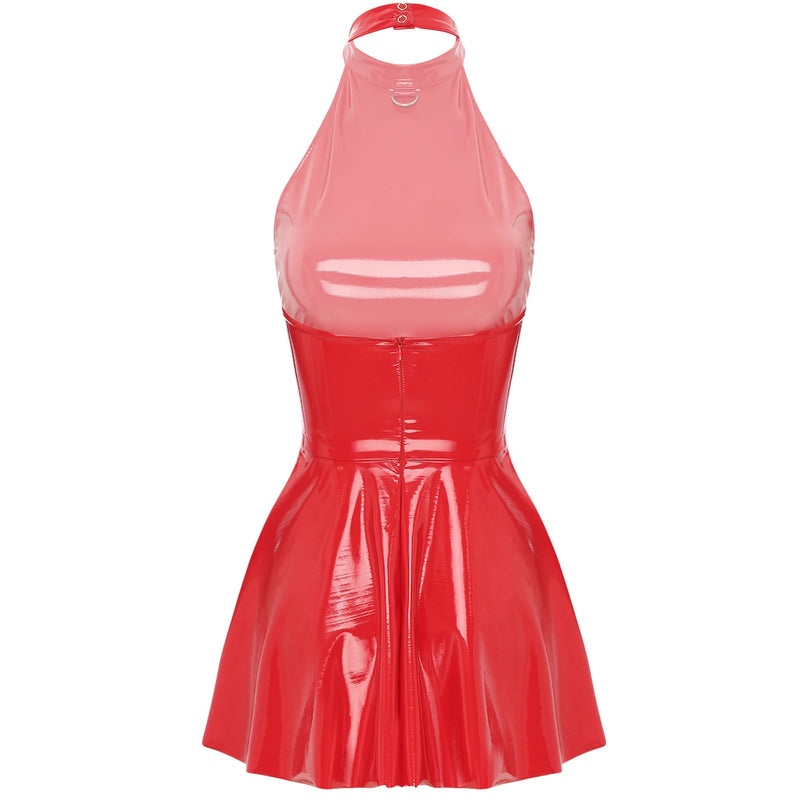 Womens Latex Swing Skirt Disco Dress Glossy Patent Leather Clubwear Halter Sleeveless Skater Mini Dress Rave Party Clubwear