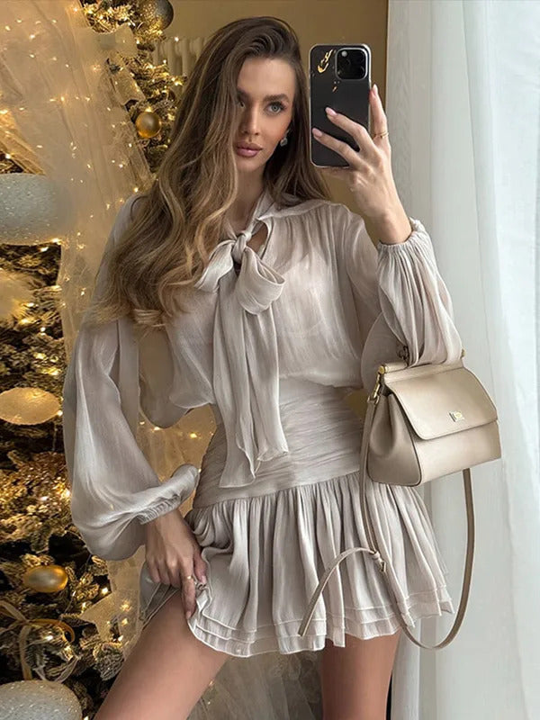 Elegant Bow Lace Up Top Skirts Set For Women O-neck Long Lantern Sleeve Blouses High Waist Pleated Skirt 2025 New Lady Outfits