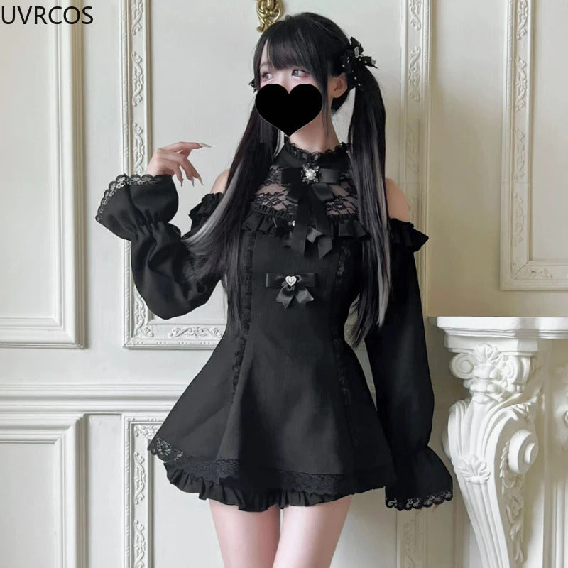 Japanese Gothic Style Rhinestone Bow Dress Shorts Set Women Lace Off Shoulder Long Sleeve Slim Shirts Dresses Lolita Y2k Outfits