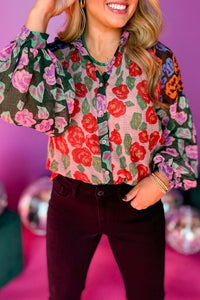 Red Colorblock Floral Printed Puff Sleeve Shirt