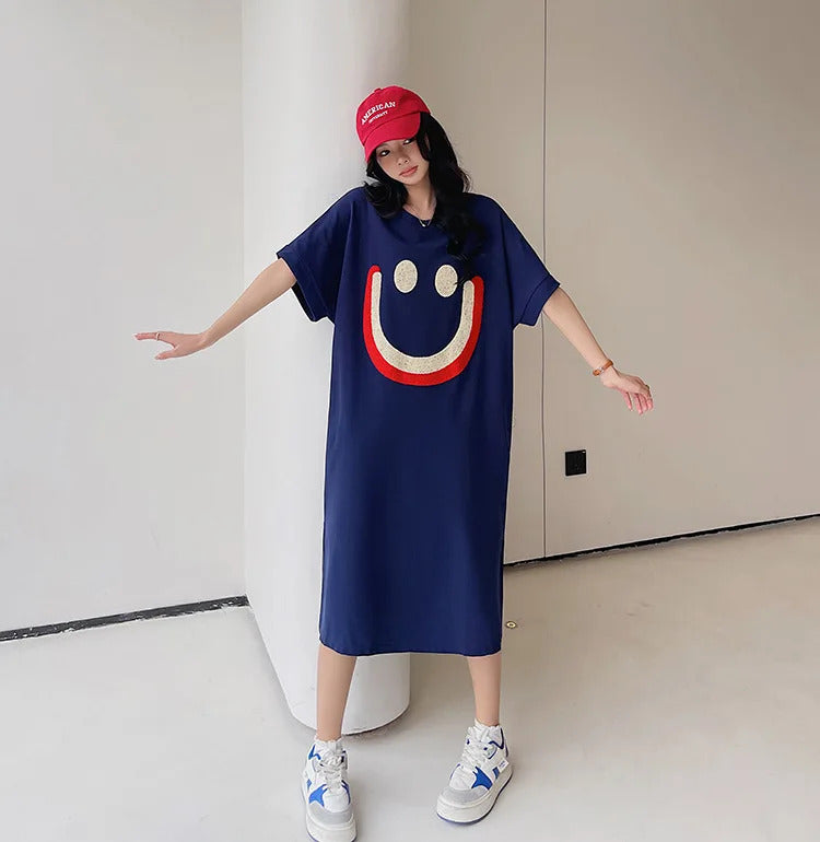 Harajuku Graphic White Long Dress Woman Clothing Y2k Casual Short Sleeve O-Neck Korean Fashion Summer Womens Loose Dresses 2024