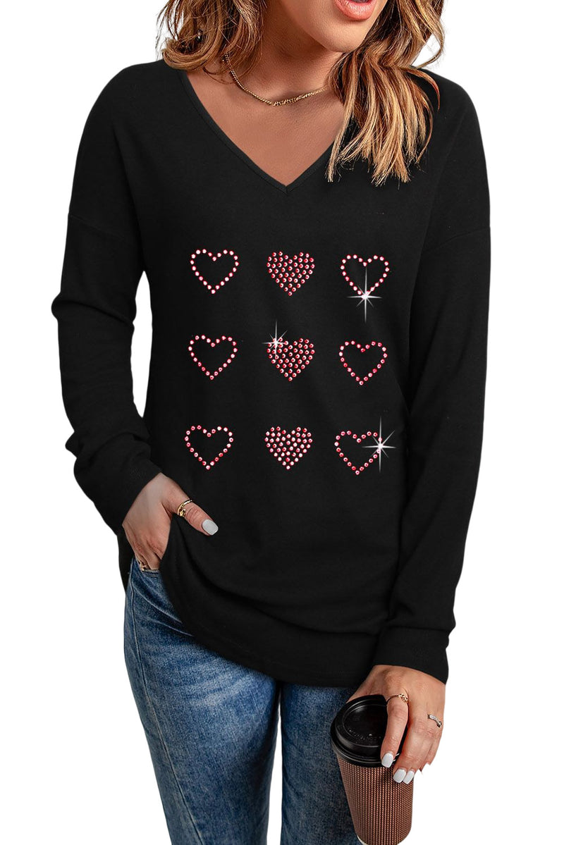 Black Valentines Day Rhinestone Heart Graphic Long Sleeve Tee