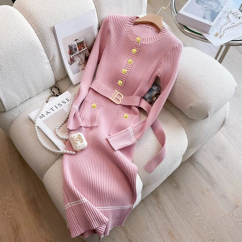 YuooMuoo 2024 Autumn Winter Women Knitted Dress Brand Fashion O-neck Buttons Bodycon Sweater Dress with Belt Lady Office Dress