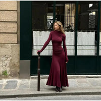 Fashion Long Sleeve Bodycon Pleated Maxi Dresses Elegant Dark Red High Necked Maxi Dress For Women Autumn New Street Vestidos