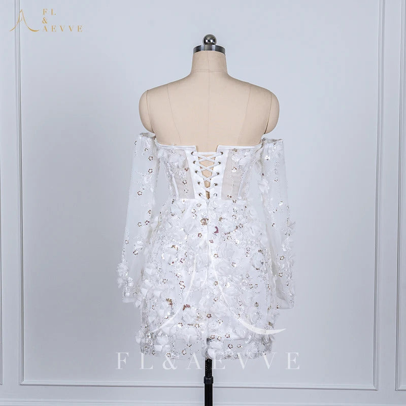 Luxury Beaded Short Wedding Dresses Saudi Arabia Lace Floral Appliques Long Sleeves Bridal Gown Mini Prom Party Dress Customized