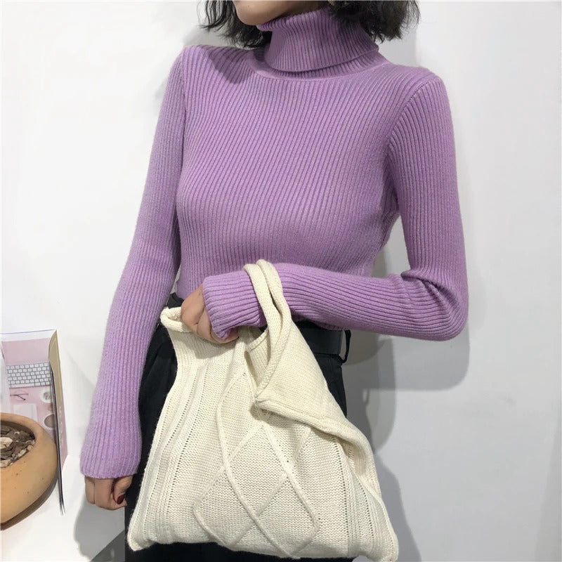 2024 Autumn Winter Thick Sweater Women Knitted Ribbed Pullover Sweater Long Sleeve Turtleneck Slim Jumper Soft Warm Pull Femme