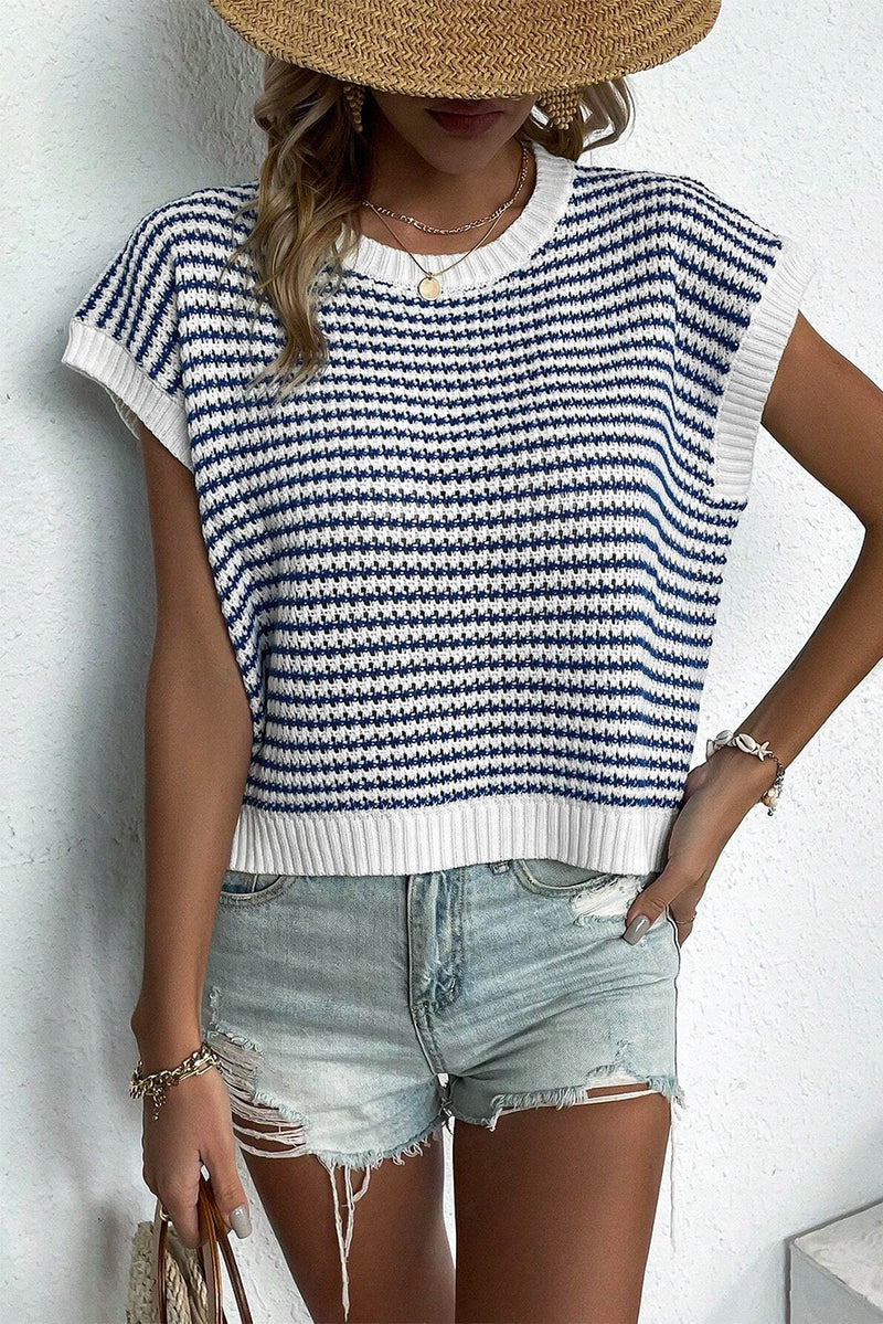 Blue Stripe Ribbed Trim Loose Fit Knitted Sweater Vest