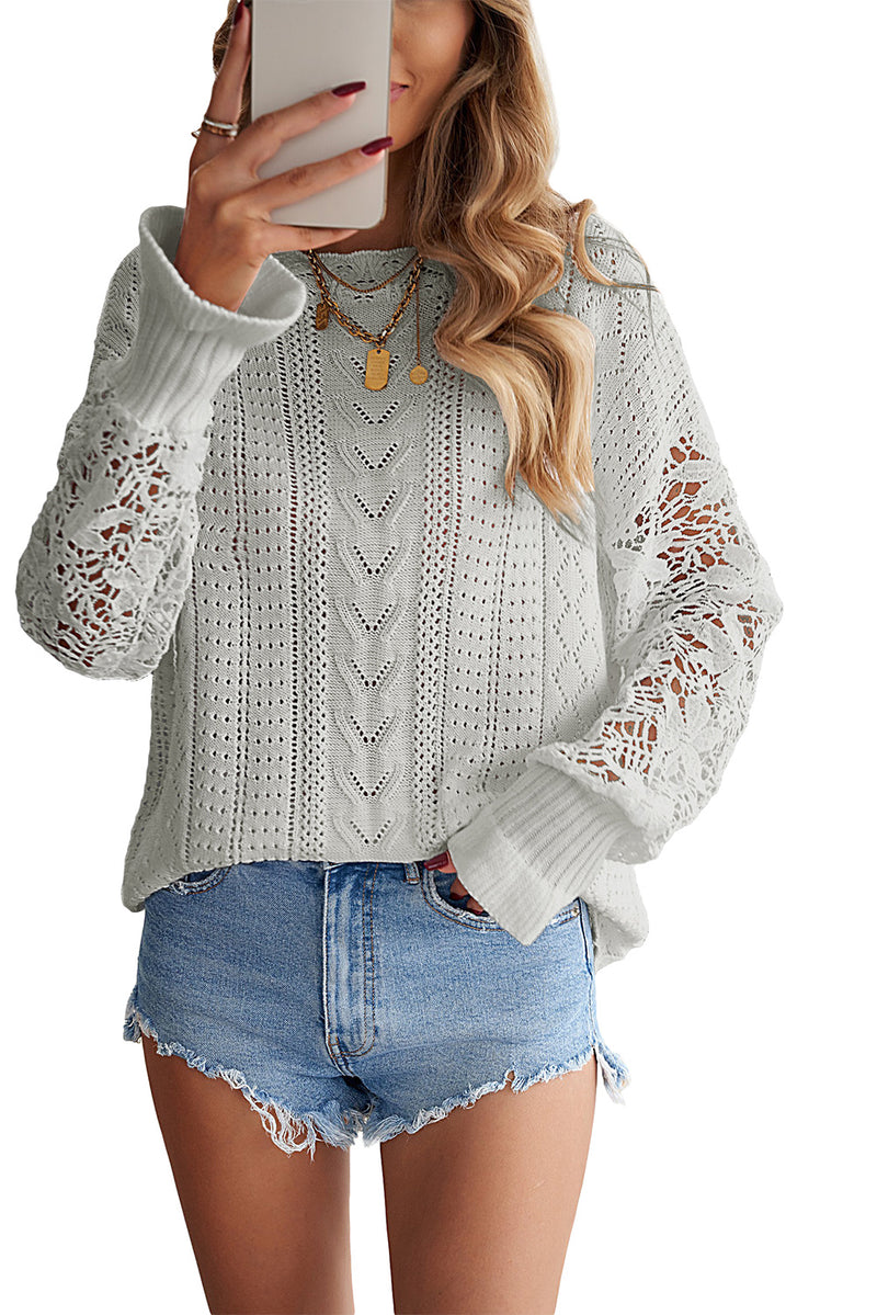 Gray Crochet Lace Pointelle Knit Sweater