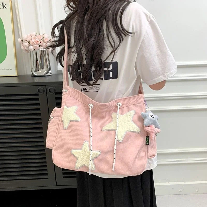 Niche Design Handbag Star Female Student Large Capacity Commuting Tote Corduroy Shoulder Crossbody Bag 2023 New