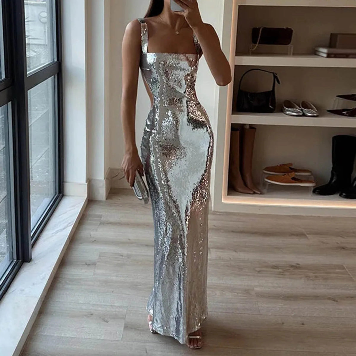 2024 Summer Elegance Versatile and Sexy Square Neck Solid Color Sequin Sling Long Dress for Women Evening Dresses Woman Elegant